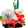 Base de Flores con Rosa Englobada y Peluche